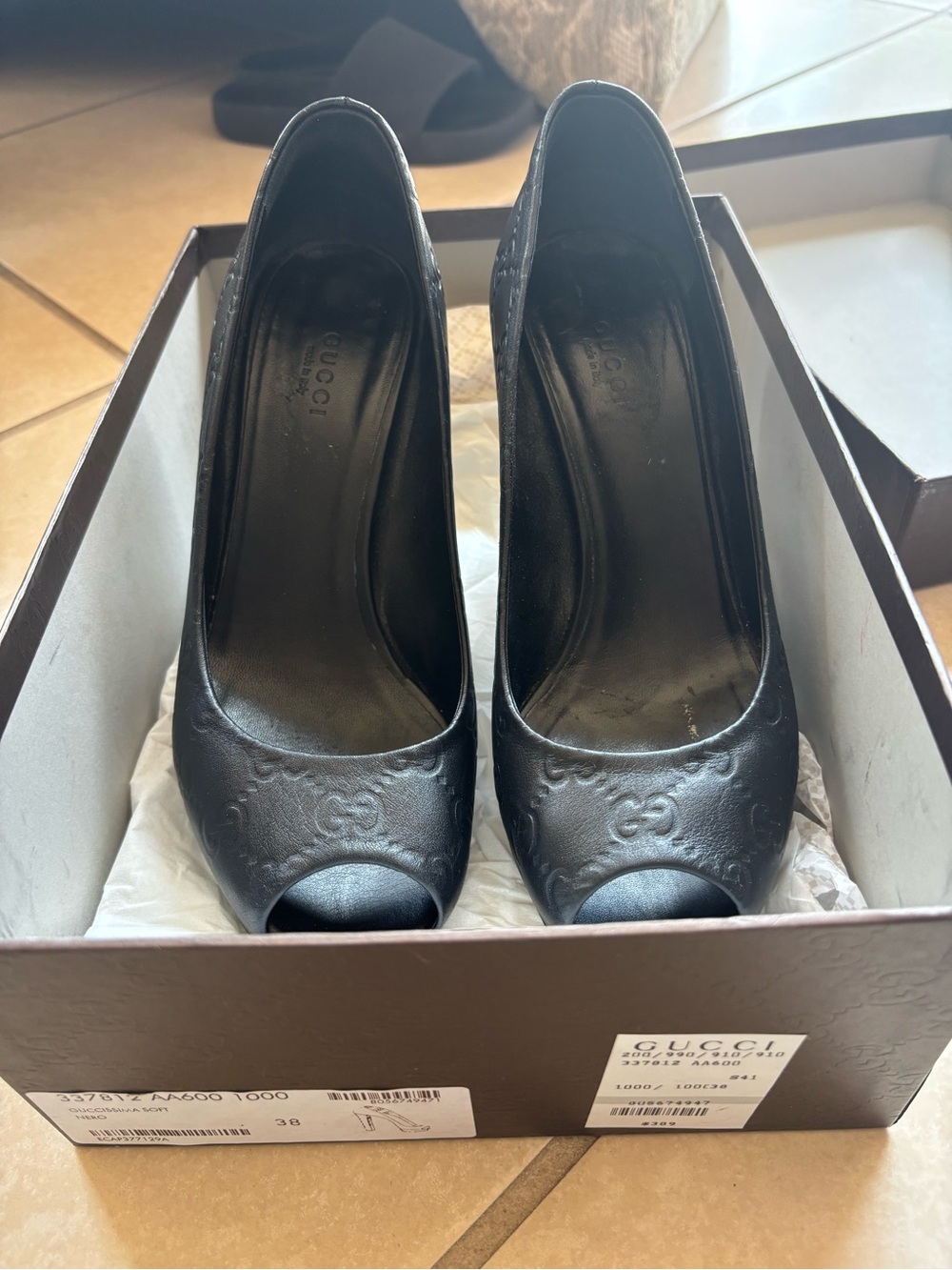 Gucci Black Embossed GG Peep-Toe Pumps